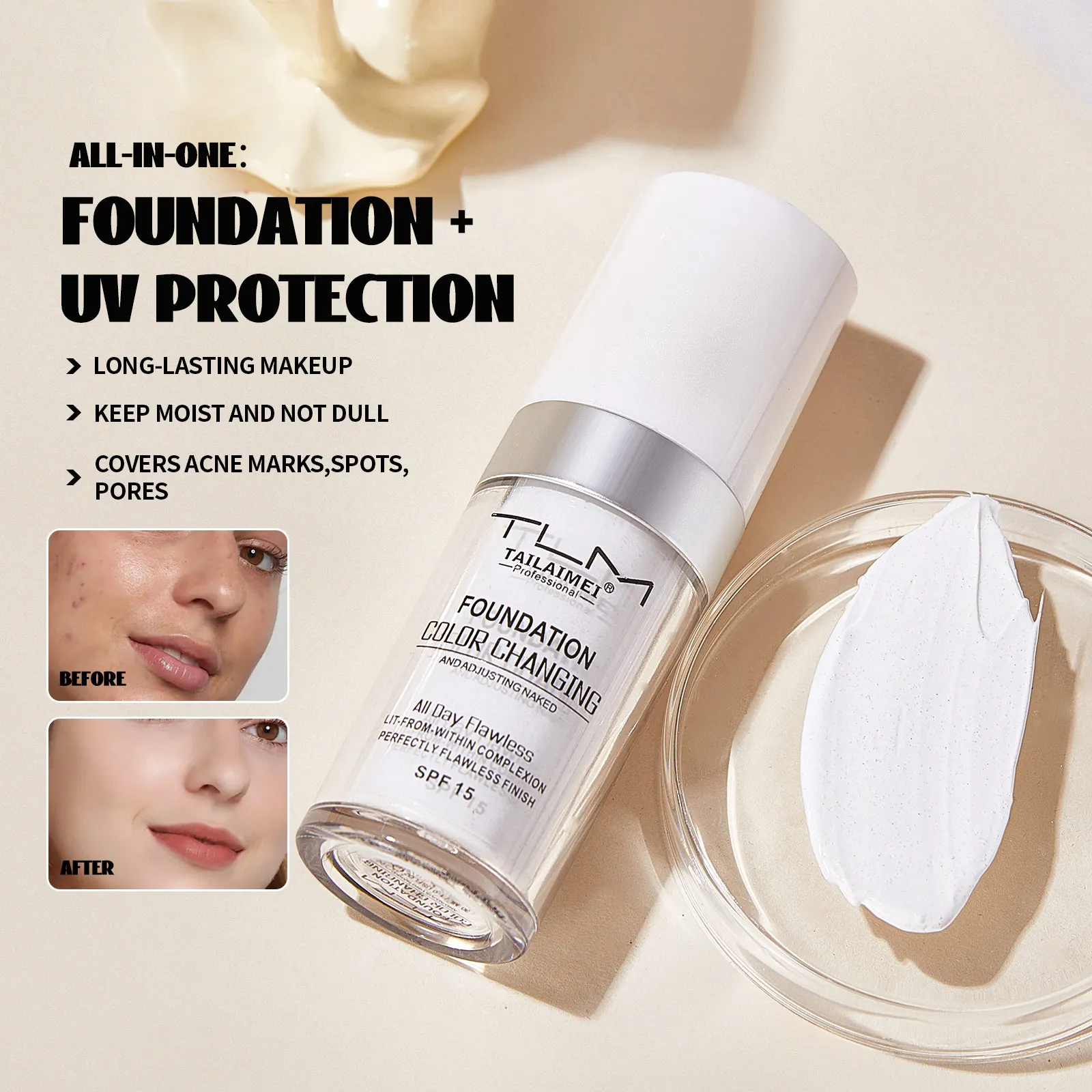 TLM Liquid Foundation Color Changing Concealer Waterproof Natural Brighten Skin Tone Face Cosmetics Makeup for Women & Men 30ml