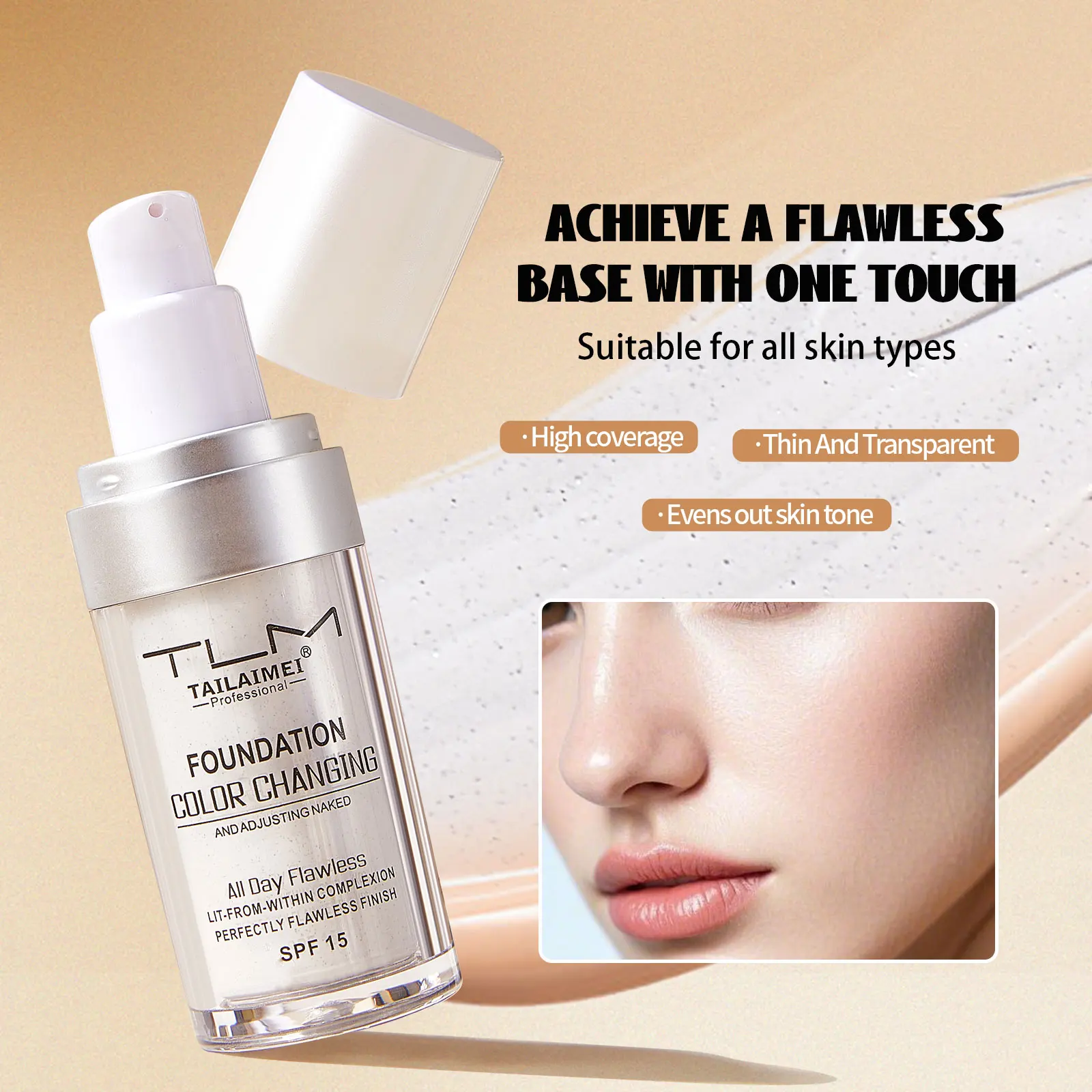 TLM Liquid Foundation Color Changing Concealer Waterproof Natural Brighten Skin Tone Face Cosmetics Makeup for Women & Men 30ml