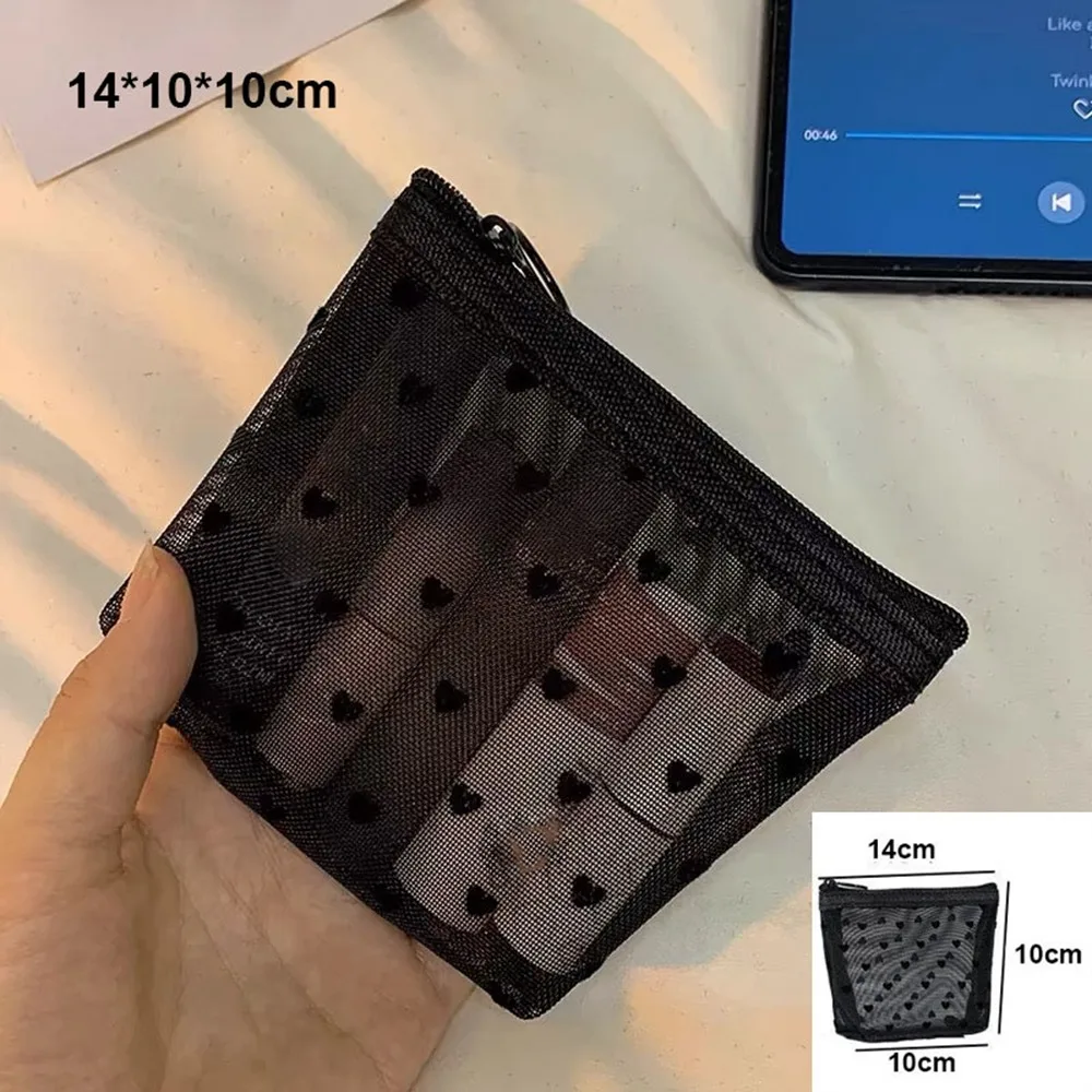 New Heart Transparent Mesh Makeup Bag Black/Pink Multifunction Women Cosmetic Storage Pouch Portable Lipstick Organizer Bags