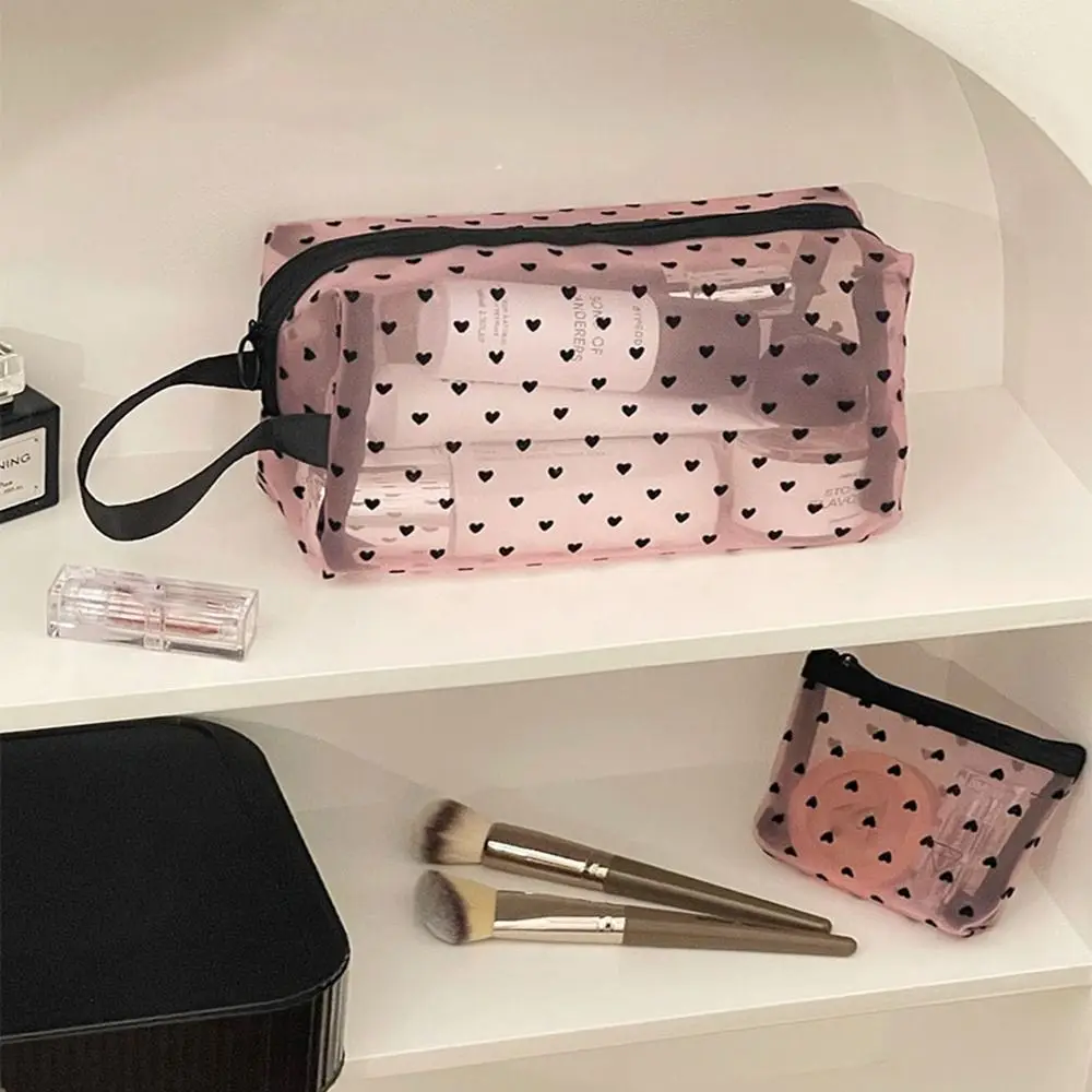 New Heart Transparent Mesh Makeup Bag Black/Pink Multifunction Women Cosmetic Storage Pouch Portable Lipstick Organizer Bags