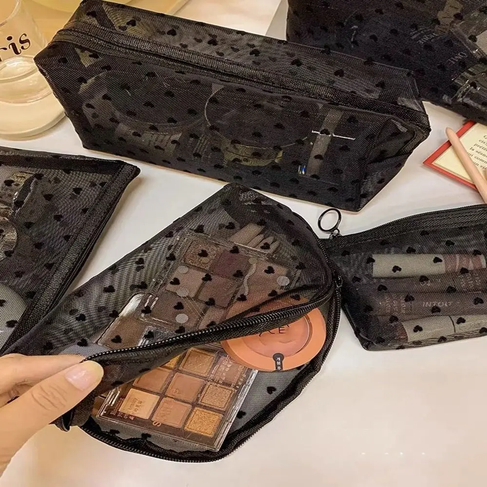 New Heart Transparent Mesh Makeup Bag Black/Pink Multifunction Women Cosmetic Storage Pouch Portable Lipstick Organizer Bags
