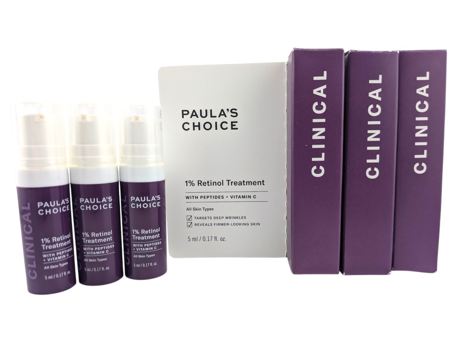 3x Paula’s Choice Clinical 1% Retinol Treatment w Peptides Vit C 5mL Each Travel