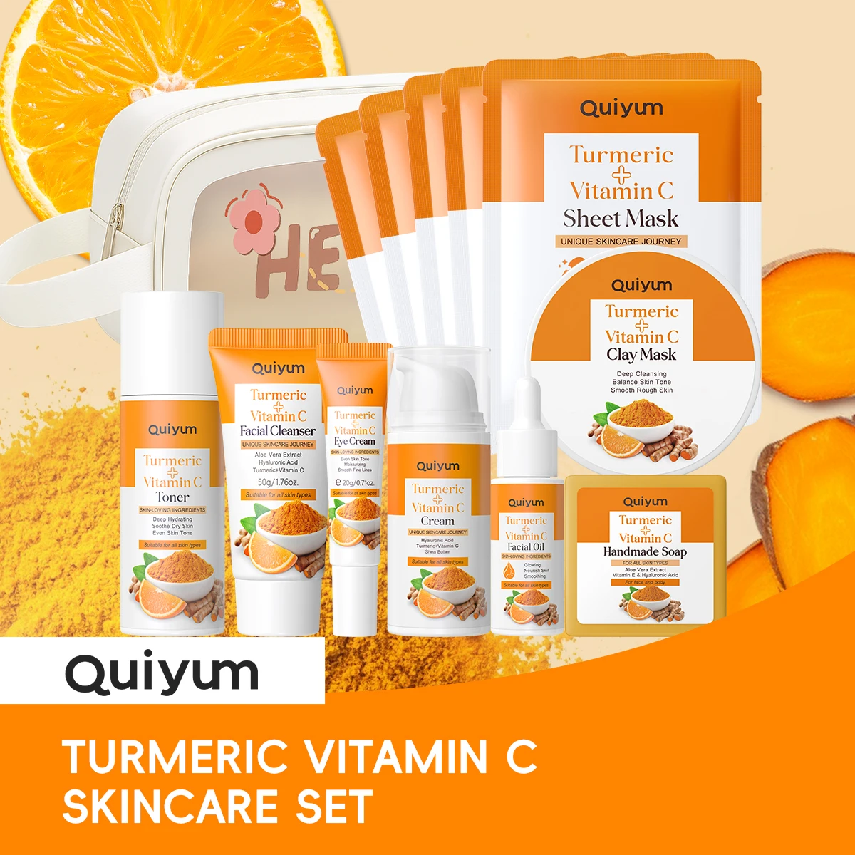 QUIYUM 13Pcs Turmeric Vitamin C Facial Skincare Set, Soap Cleanser Toner Mud Mask Serum Oil Eye Cream Face Cream 5 Sheet Masks