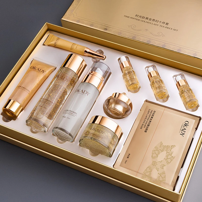Oupe Time Peptide Gold Noblewoman Ten-Piece Set Hydrating and Moisturizing Skincare Kit Nourishing and Repairing Cosmetics Brightens Skin Tone Nourishes Skin Suitable for Men and Women Suitable for Sensitive Skin Deeply Hydrating Gift Box Essential for Au