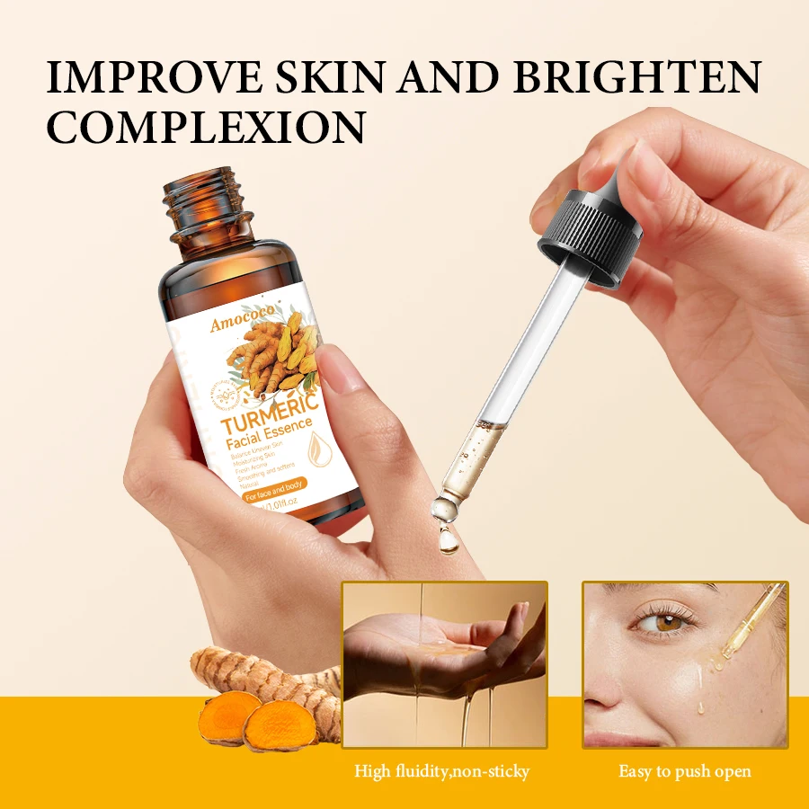 Amococo 2/3pcs Turmeric Serum Facial Essence 30ml Set Turmeric Extract Vitamin C Hyaluronic Acid Face Serum Moisturizing Hydrating Skin Care for Face and Body Nourishing Essence for Smooth Soft Skin Daily Routine